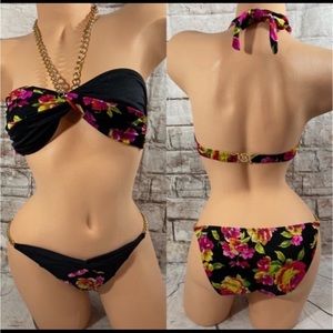 Victoria's Secret Bikini Tropical Floral Jungle GOLD Chain Halter Ruched RARE M